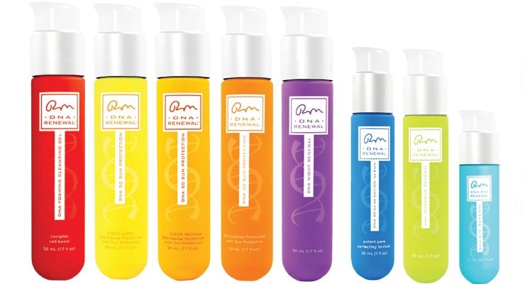 The new skincare brand DNA EGF chose vibrant colors with a soft touch coating for its test-tube shaped bottles. 