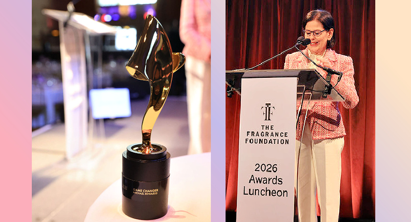 Photos by Regina Fleming Photography: The Fragrance Foundation Awards 2026 trophy; Linda G. Levy at the podium.