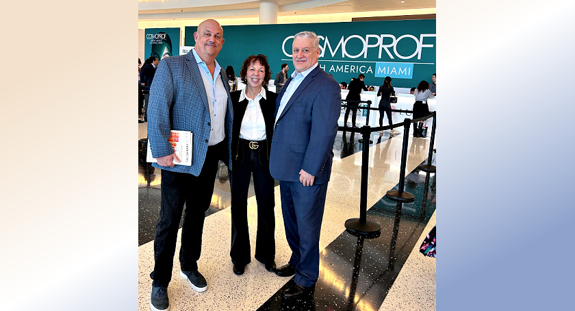 The team at Beauty Packaging / Rodman Media— Jay Gorga, Jamie Matusow, and Tom Frangis—at Cosmoprof NA in Miami 2026.